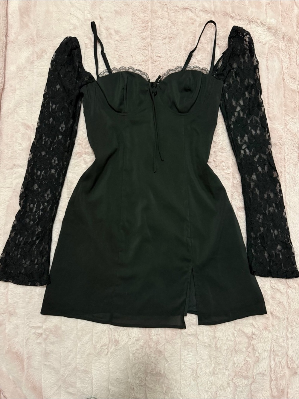 Princess Polly - Lace Sleeve Black Mini Dress Side Slit Ashwood Style - Size 4